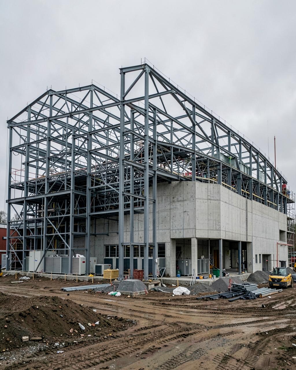 Byggeplads med stålkonstruktion og betonfacade