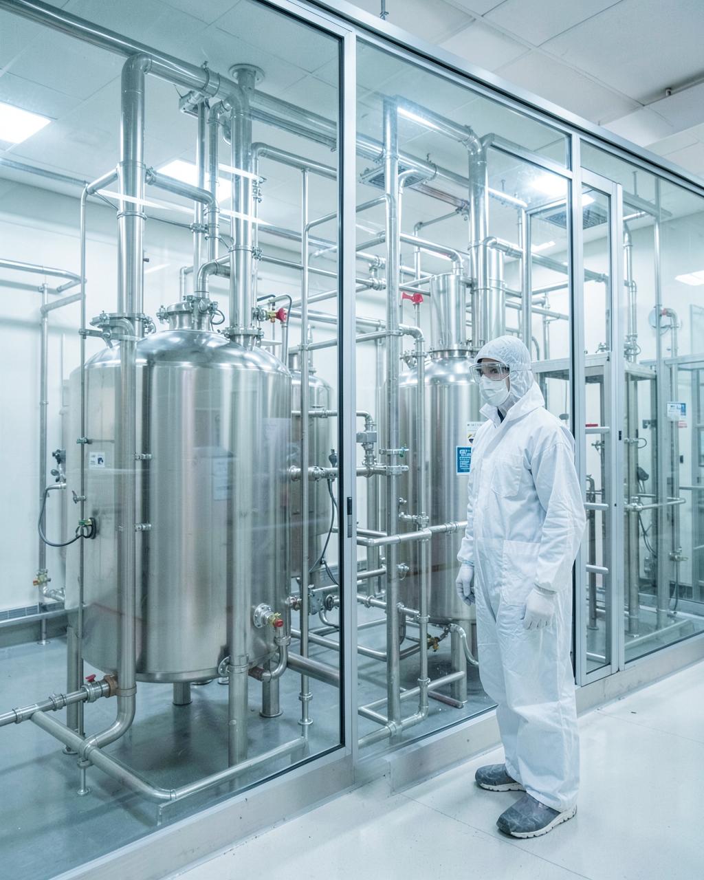 Farmaceutisk produktionsanlæg med rustfrie procestanke bag glas