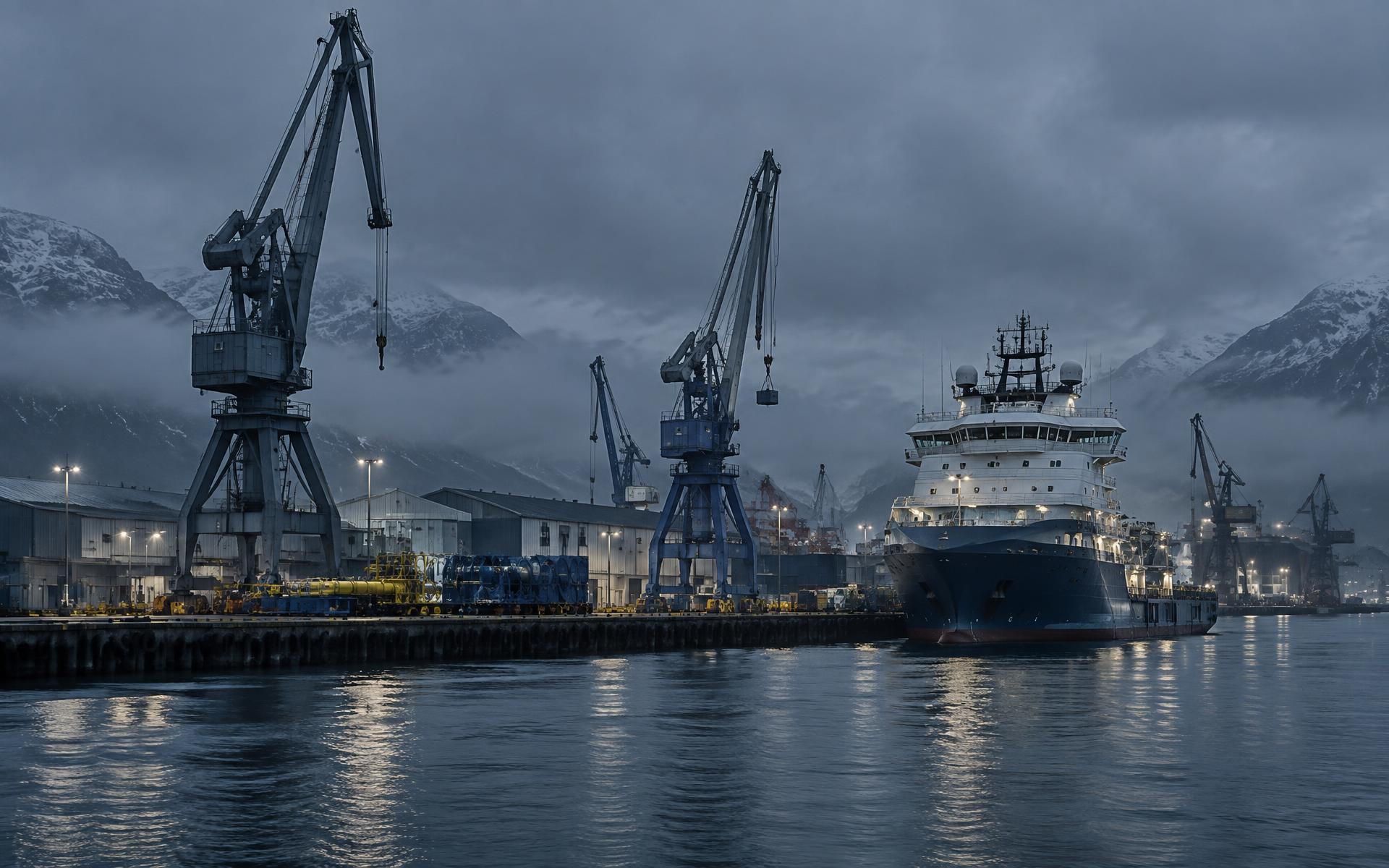 Nordisk industrihavn med kraner og offshorefartøj i blå time